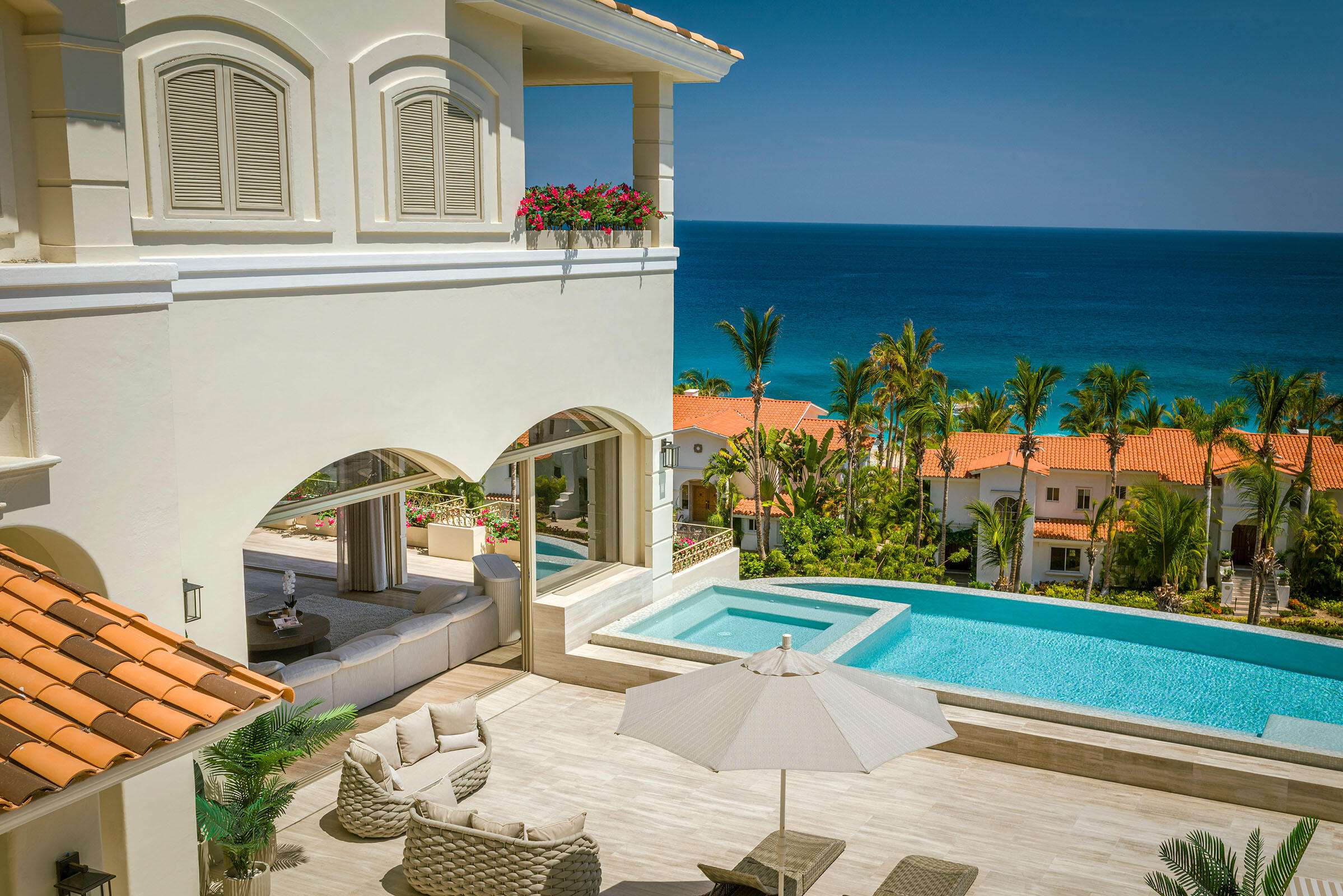 Cabo Luxury Vista Lagos This beautiful fully furnished property, named ''Casa de Hermanos,'' is built on two levels and features 5 bedrooms and 6 bathrooms, an entertainment room, and a two-level entry. The living room and dining room (with seating for 10) open to a very large kitchen and a service area. On the terrace there is a pool with a Jacuzzi, a fire pit area with sun loungers, and a Kitche with a BBQ Area, including Sink & Fridge. Most extraordinary are the for sale