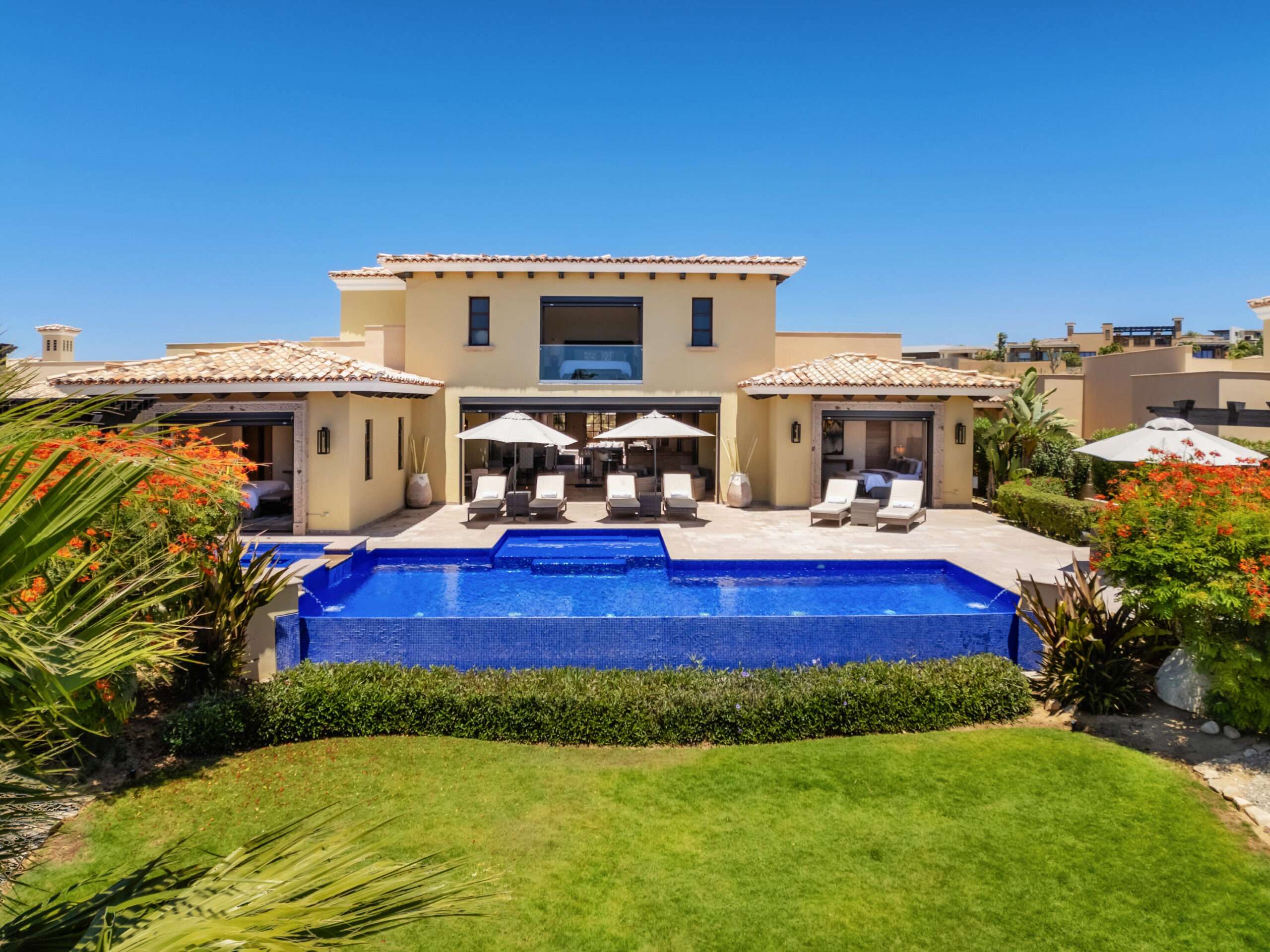 Cabo Luxury Section 4- Las Canadas Discover refined indoor-outdoor living at Cañada 9, set within Querencia, San Jose del Cabo's premier private golf community. Soaring beamed ceilings, walls of pocket glass, and luminous marble floors define an open great room that flows effortlessly to the terrace, infinity-edge pool, and stone-clad water feature -- all framed by panoramic Sea of Cortez and mountain for sale
